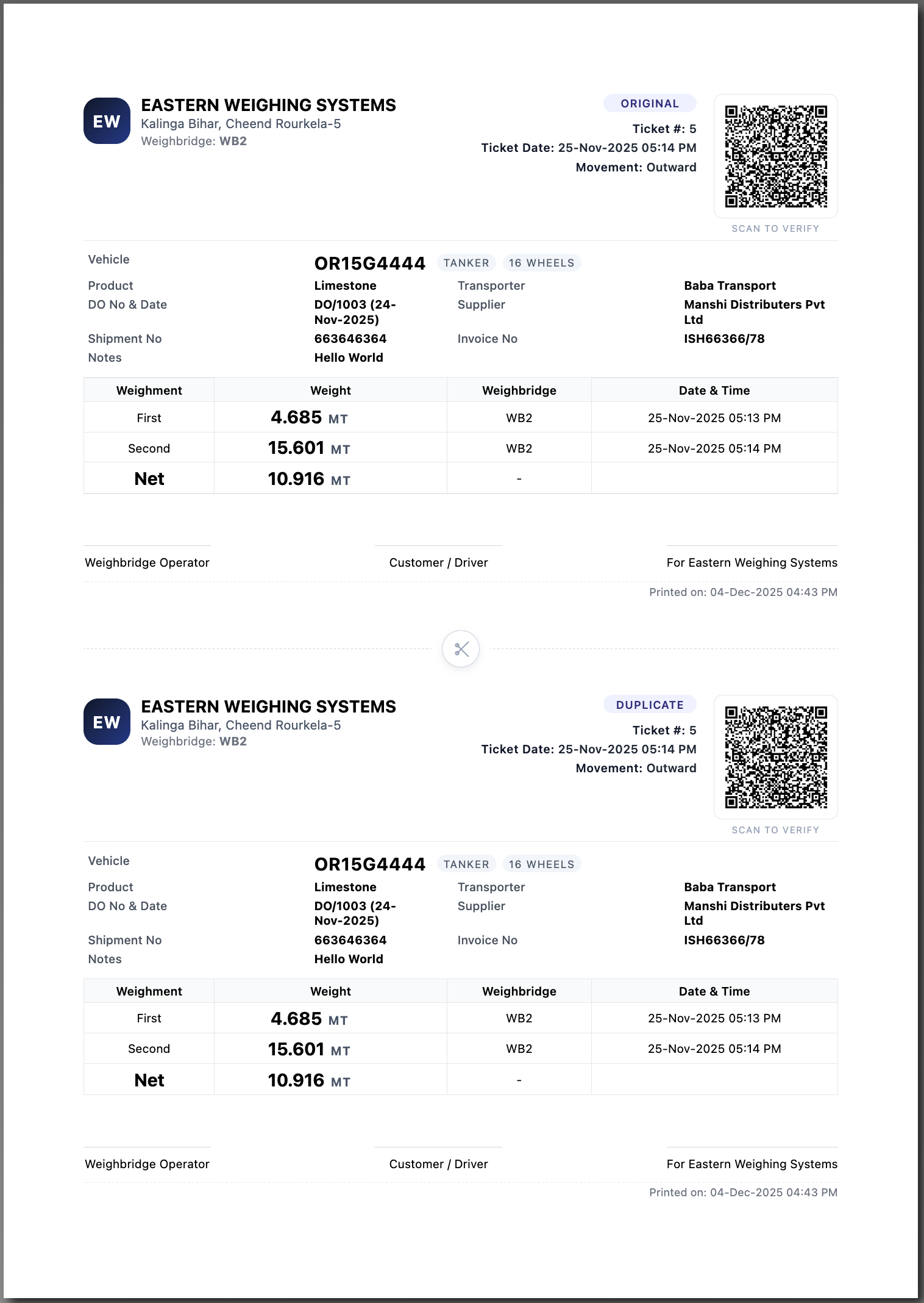 External Weighment Print Ticket - Outward Movement